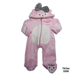PIJAMA ENTERITO PELUDITO ROSA BCO CAPUCHA MOÑA GRIS KIDS LAND T0/3M