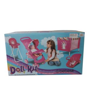 SET DE  4 PIEZAS BEBESIT COCHE MUÑECAS SILLA, SILLA COMER Y PRACTICUNA