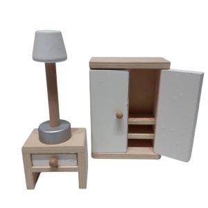 JUEGO DE LAMPARA ROPERO MESA DE LUZ PARA MUÑECAS 11 Y 10CM DE ALTO