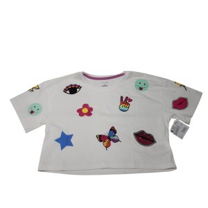 REMERA BLANCA CORTA OJOS FLOR MANO EMOJI FUZARKA T11/12 NUEVA