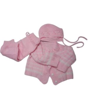 CONJ SACO PANTALON Y CAPELINA LANA ROSA Y BCO BB 6/9M APROX